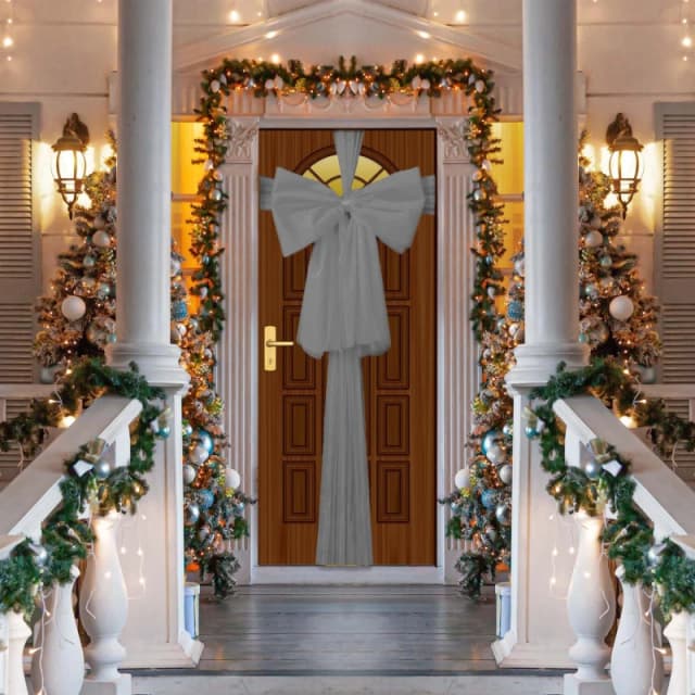 Shatchi Christmas Door Bow - 9m Giant Bow Door Cover - Front Door Decorations for Xmas Wedding, Baby Shower Outside Home Decor Silver