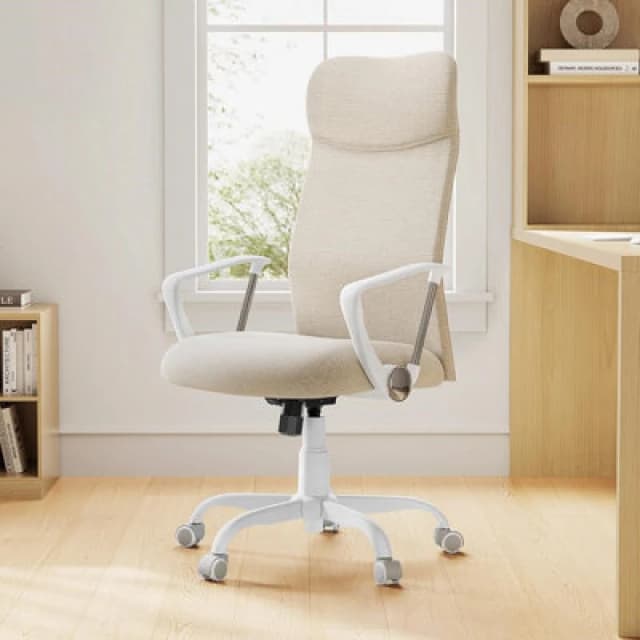 Songmics Desk Chair, Ergonomic Swivel Office Chair, Adjustable Height, Upholstered Seat, Tilt Function, Cappuccino Beige