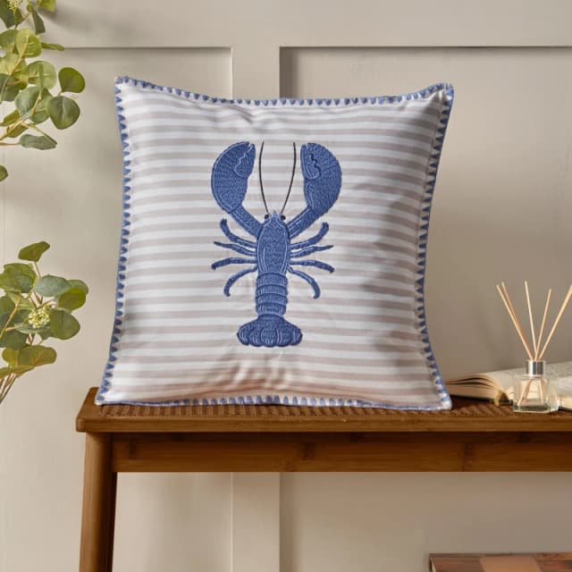 Catherine Lansfield 'Lobster' Embroidered Cushion Blue