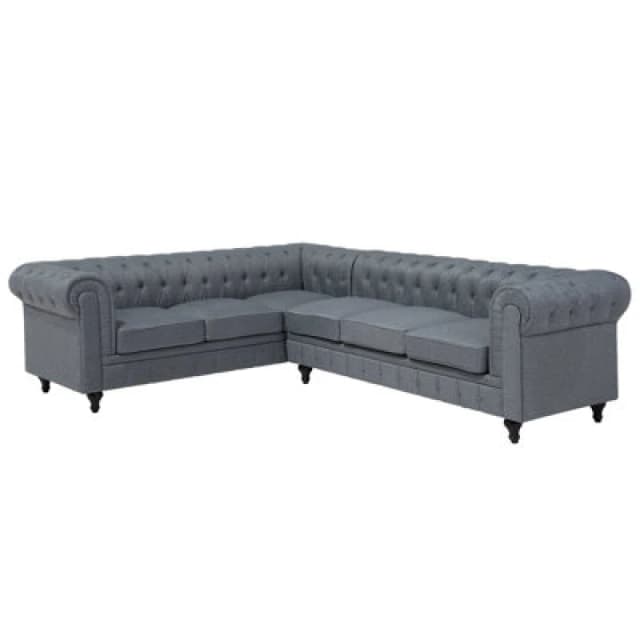 Beliani Corner Sofa 6 Seater Chesterfield Fabric Grey Right Hand