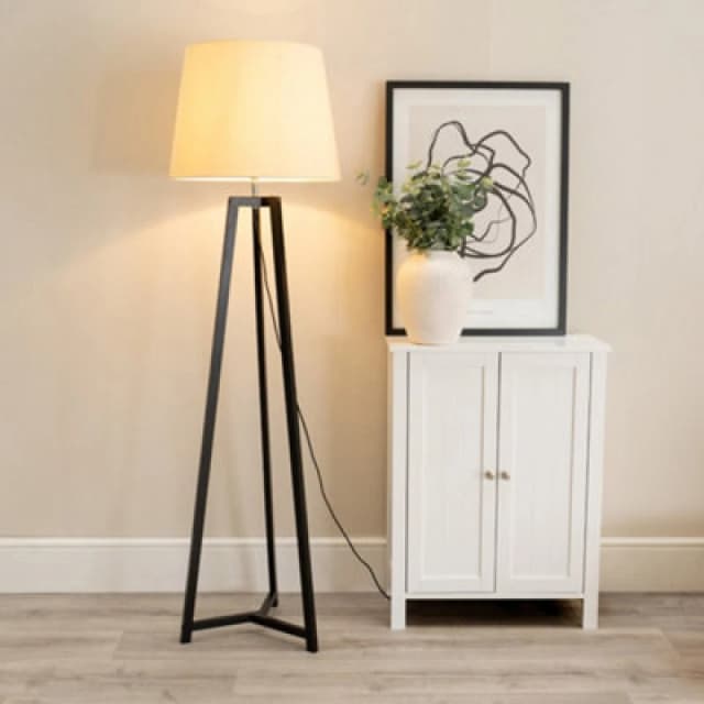 ValueLights Lottie Black Wood Tripod Floor Lamp with Fabric Tapered Shade and LED Bulb Cream