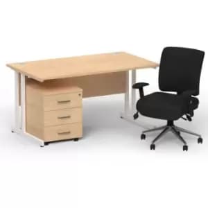 Impulse 1400 x 800 White Cant Office Desk Maple + 3 Dr Mobile Ped & Chiro Med Back Black W/Arms