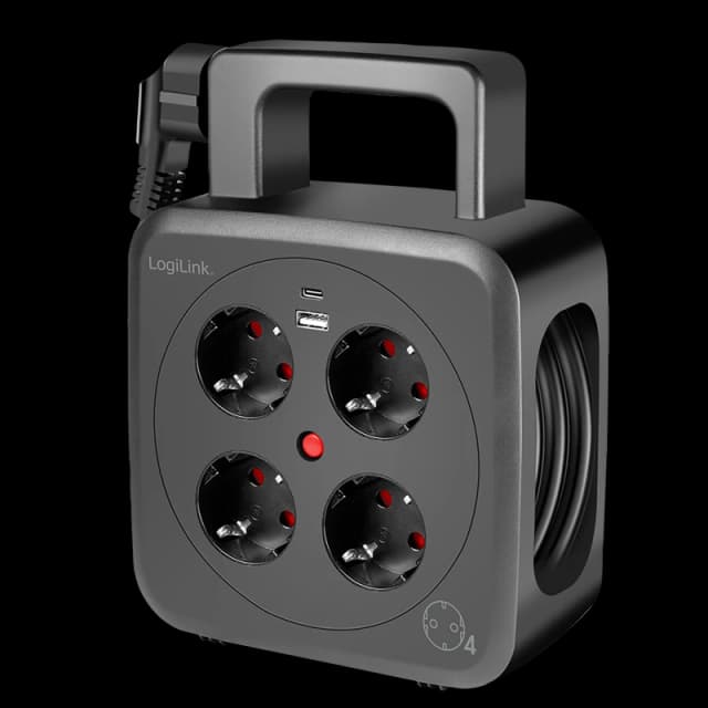 LogiLink Power Cable Reel 5m. 4 sockets. w/ USB-A & USB-C 20W. IP