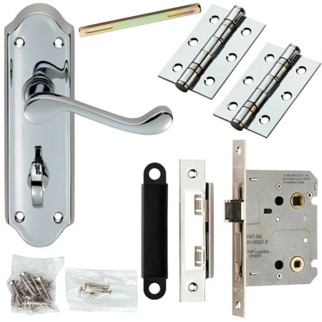 Loops Door Handle & Bathroom Lock Pack Chrome Scroll Upturned Thumb Turn Backplate Multi