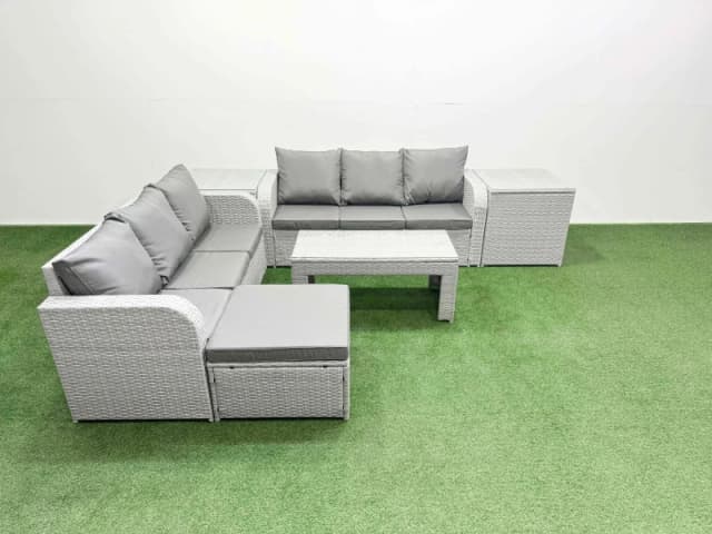 Fimous Outdoor Garden Furniture Sets 7 Seater Wicker Rattan Furniture Sofa Sets with Oblong Coffee Table high Back Lounge Sofa Big Footstool 2 Side Ta