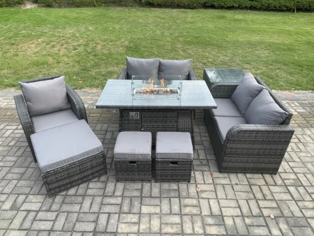 Fimous Outdoor Sofa Rattan Garden Furniture Set Patio Gas Fire Pit Dining Table and Reclining Chair set with Side Table 3 Footstools Dark Grey