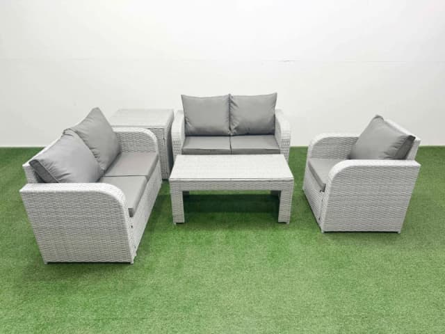 Fimous High Back Poly Rattan Garden Furniture Set with Reclining Chair Loveseat Sofa Oblong Coffee Table Indoor Outdoor Patio Set Side Table Light Gr