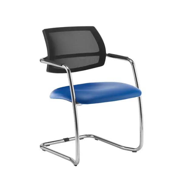 Tuba chrome cantilever frame conference chair with half mesh back - Ocean Blue vinyl