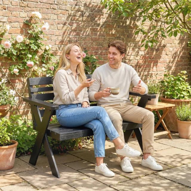 OUTSUNNY 2 Seater Wood Garden Bench, Slatted Patio Bench with Armrest Black Unisex