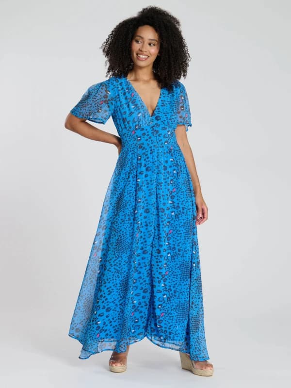 South Beach Womens Printed Metallic Chiffon Button Detail Midi Dress in Blue Size: 14 Blue Female 14