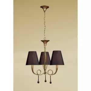 Paola pendant light 3 E14 bulbs, painted gold with Black lampshades & droplet amber glass