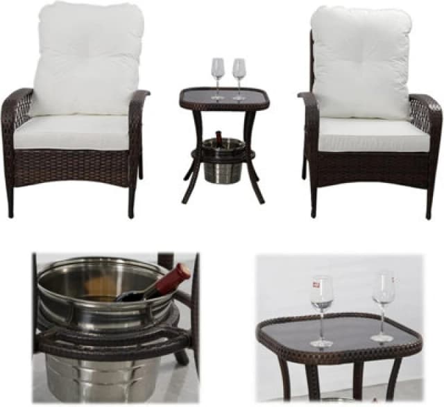 3 Pcs Patio Rattan Bistro Set, Outdoor Furniture Set With Ice Bucket Table
