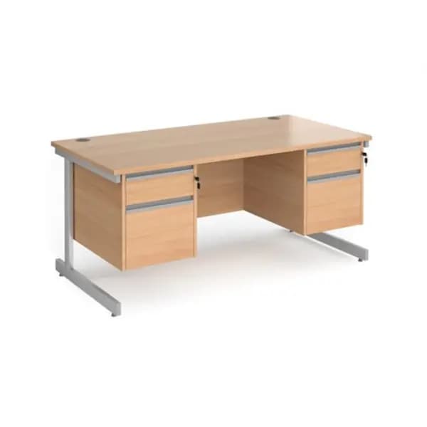 Contract 25 Office Desk Rectangular Desk 1600mm With Double Pedestal Beech Top With Silver Frame 800mm Depth Contract 25 CC16S22-S-B Beech CC1