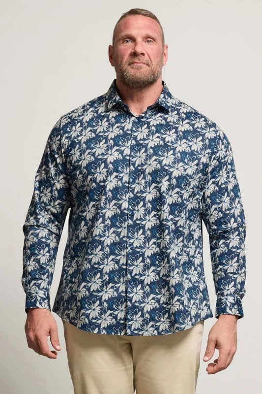 BadRhino BadRhino Men Premium Leaf Print Long Sleeve Shirt in Mid Navy Mid Navy One Size Male 5063589043511