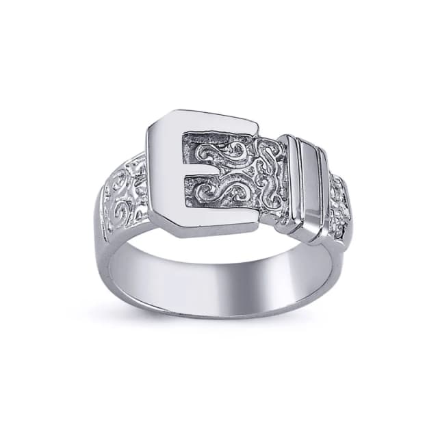 Jewelco London Mens Rhodium Plated Silver Round CZ Carved Buckle Love Ring 12mm - ARN093 Silver