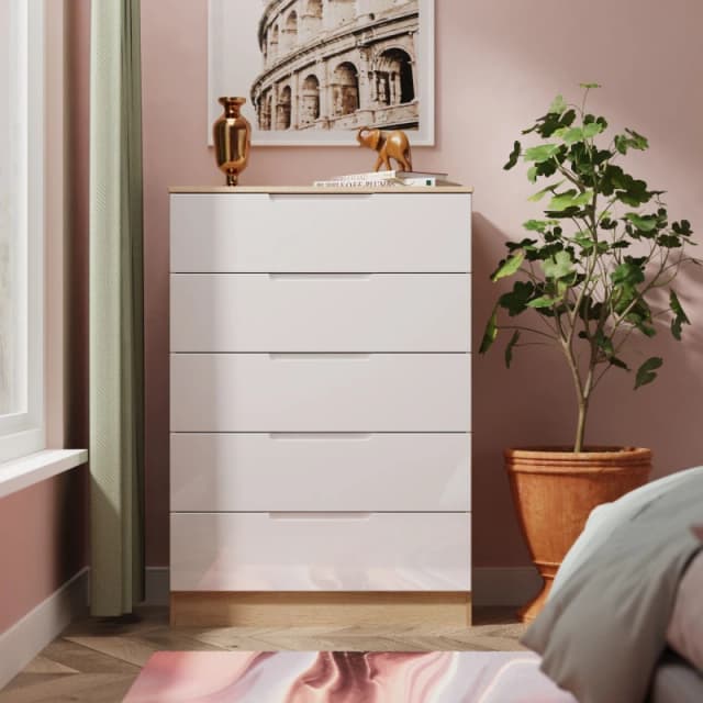 Welcome Furniture Ready Assembled Milan 5 Drawer Chest In White Gloss & Bardolino Oak, White MIL012WGBO