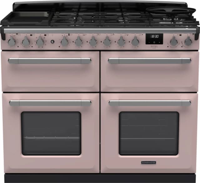 Rangemaster Estel Deluxe ESDLB110DFPPPK/CM1 110cm wide Dual Fuel Range Cooker with Gas Hob - Pale Pink / Chrome - A/A Rated