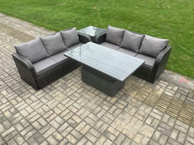 Fimous Outdoor Rattan Garden Furniture Lounge Sofa Set with Height Adjustable Rising lifting Dining Table Dark Grey Mixed Dark Grey