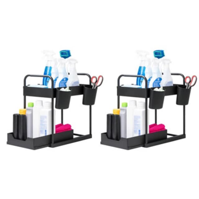 Innoteck Essentials 2-Tier Under Sink Organiser With 4 Hooks And 2 Cups - Black (Pack Of 2)