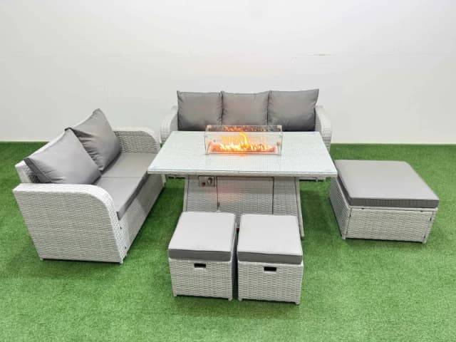 Fimous 8 Seater PE Rattan Wicker Garden Furniture Patio Conservatory Sofa Set with Firepit Dining Table 3 Seater Sofa Love Sofa 3 Stool Light Grey