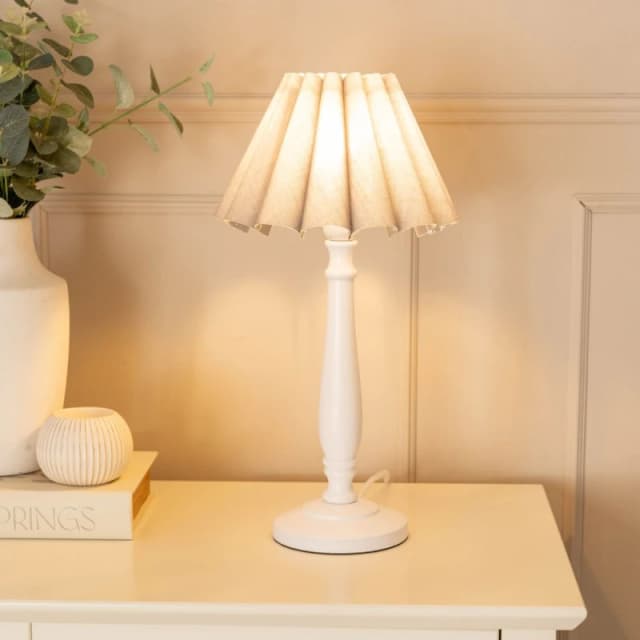 ValueLights Victoria White Wood Candlestick Table Lamp with Scallop Tapered Shade and Bulb Grey