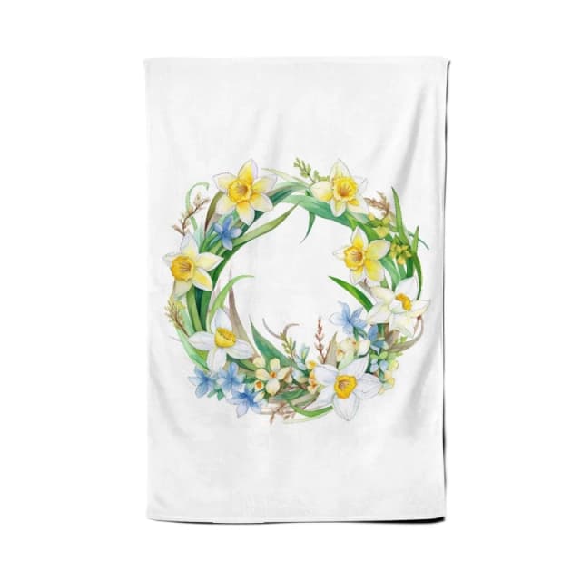 Warren Reed - Designer Boho Daffodil Watercolour Wreath Tea Towel Multicolor Unisex
