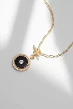 14K Gold Plated Recycled Jet Enamel And Cubic Zirconia T Bar Pendant Necklace - Gift Pouch