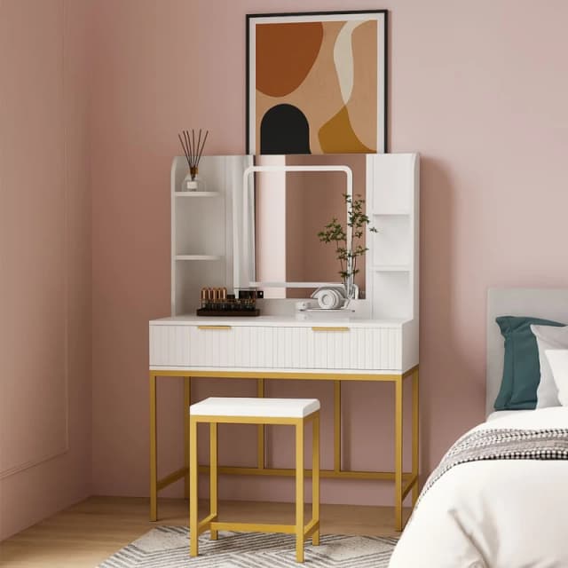 KOSY KOALA KOSY KOALA Dressing Table Set with LED Mirror, Side Shelves and Stool - White and Gold for Bedroom White One Size Unisex 5061055343301