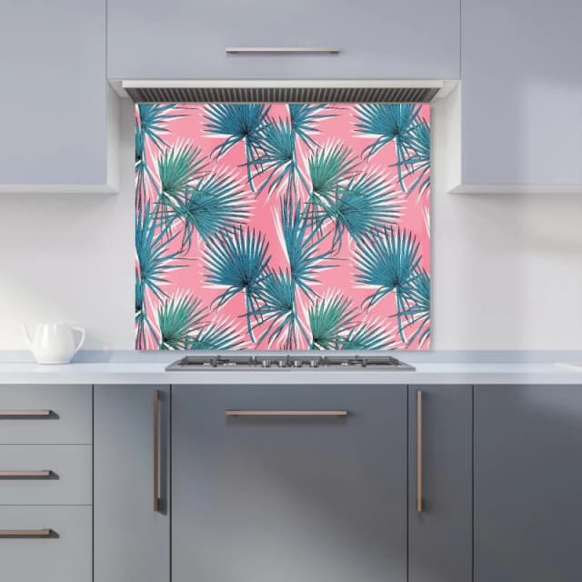 Warren Reed - Designer Pink Green Fan Palms Kitchen Splashback Size: 600mm x 650mm Pink Unisex 600mm x 650mm