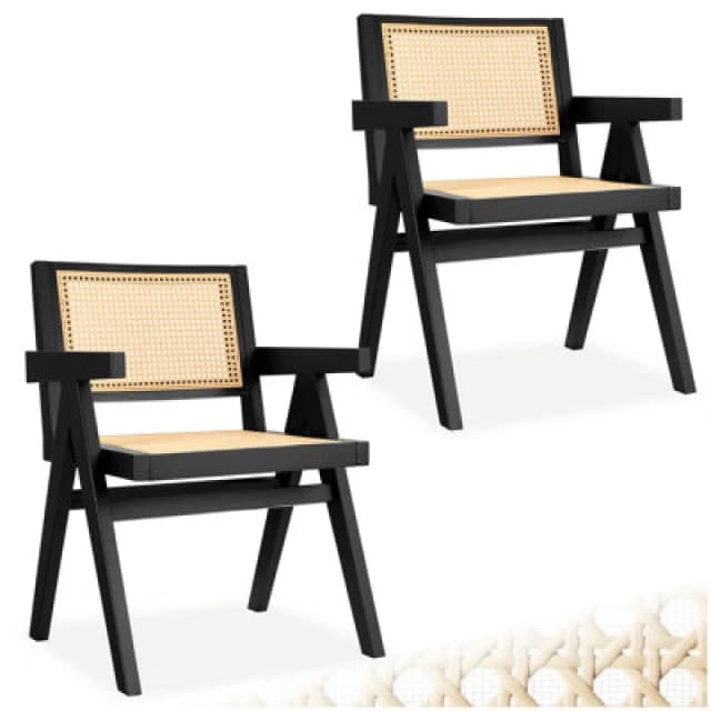 Tectake Set Of 2 Dining Chair Lizzy With Mid-Century Modern Design, Rattan Backrest And Solid Wood Frame - Black
