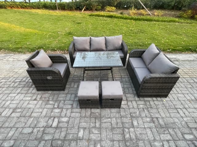Fimous 8 Seater Outdoor Rattan Garden Furniture Set Patio Lounge Sofa Set with Dining Table 2 Small Footstools Dark Grey Mixed Dark Grey