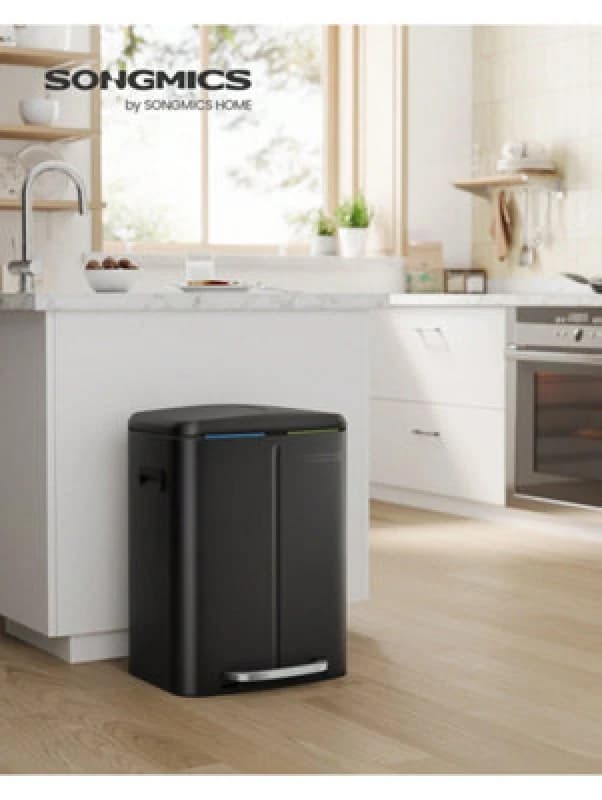 Songmics Double Rubbish Bin, 2 X 20L Kitchen Bin, Dual Compartment Metal Step Bin, With Plastic Inner Buckets, And Handles, Black