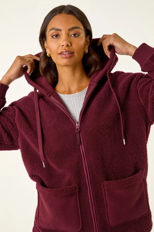 Roman Womens Hooded Borg Zip Through Jacket in Burgundy Size: 12 Burgundy Female 12