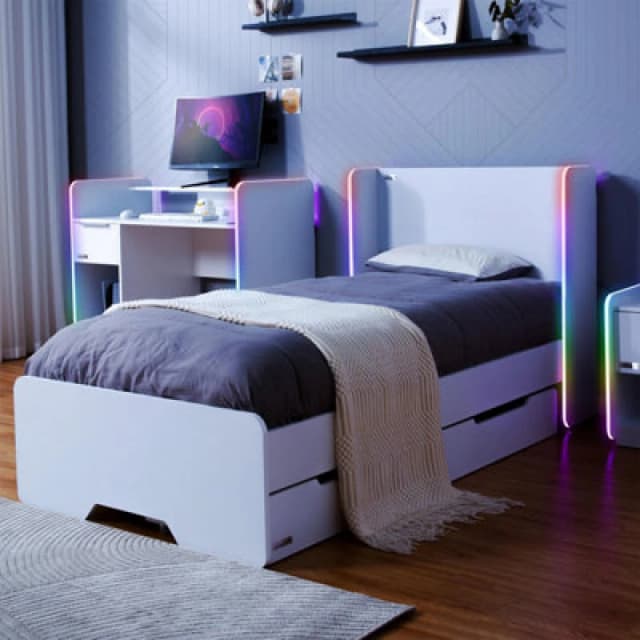 Electra Gaming Bed Frame With Underbed Storage Drawers and LED Lights White