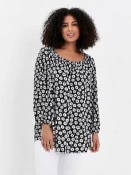 Evans Daisy Print Bardot Top - Black