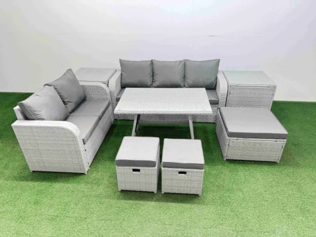 Fimous Rectangular Dining Table Sofa Set with Stool 2 Side Tables Light Grey Light Grey Unisex