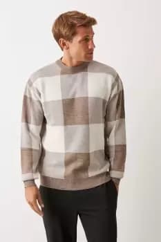 Long Sleeve Checked Crew Neck Jumper