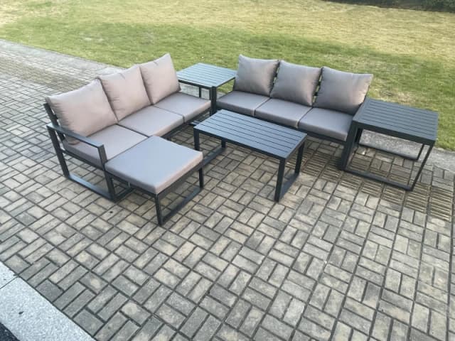 Fimous Aluminium 6 Pieces Outdoor Garden Furniture Lounge Sofa Set with Oblong Coffee Table Big Footstool 2 Side Tables Dark Grey Dark Grey Unisex