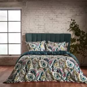 Aretha Paisley Printed Cotton Sateen Piped Duvet Cover Set Teal/Olive, Teal/Olive / King