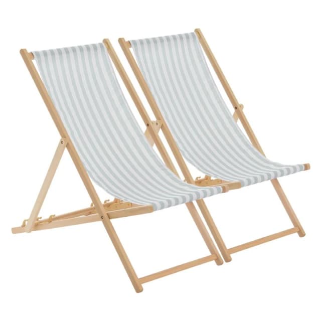 Harbour Housewares Folding Wooden Deck Chairs - Sage Grey Stripe - Pack Of 2
