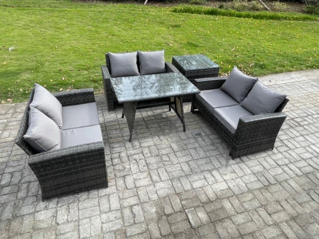 Fimous 6 Seater Rattan Wicker Garden Furniture Patio Conservatory Sofa Set With Rectangular Dining Table For Terrace