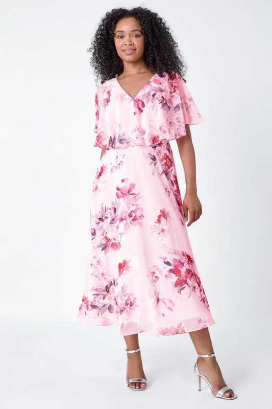 Roman Petite Floral Cape Chiffon Midi Dress Light Pink