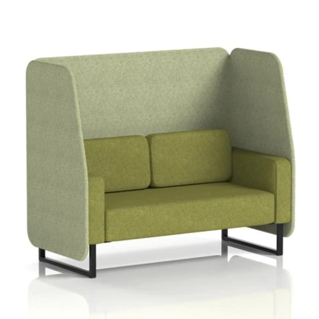 Brixworth 2 Seater Open Office Booth with Black Legs in Rivet Fabric - Burnish Panels and Olive Sofa