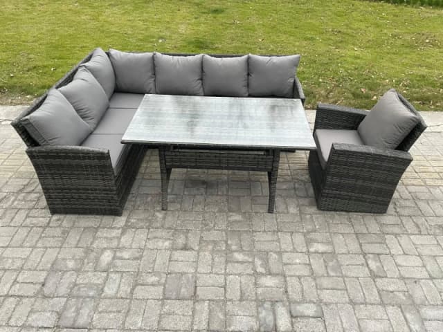 Fimous Outdoor Rattan Garden Furniture Corner Sofa Set with Rectangular Dining Table Armchair Patio Wicker Rattan Set in Dark Grey Dark Grey Unisex