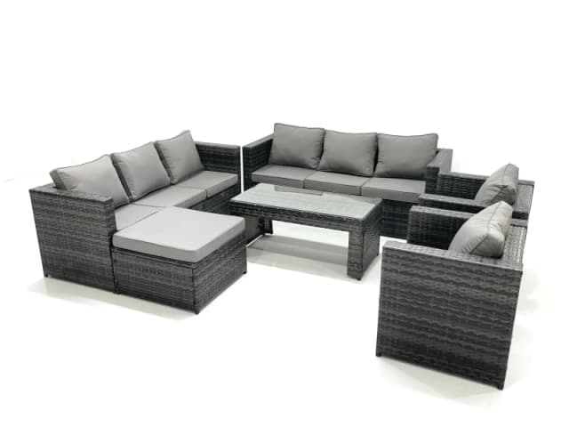 Fimous Rattan Garden Furniture Sofa Set with Coffee table Armchair Big Footstool Dark Grey Mixed Dark Grey
