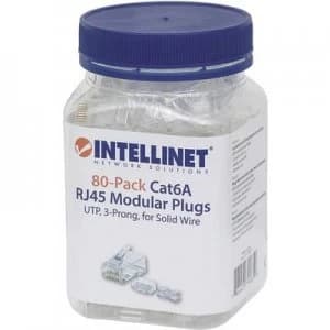 INTELLINET 80er-Pack Cat6A RJ45 modular plug UTP 3-point wire contacting for solid wire 80 plugs in the beaker Crimp contact Transparent Intellinet 79