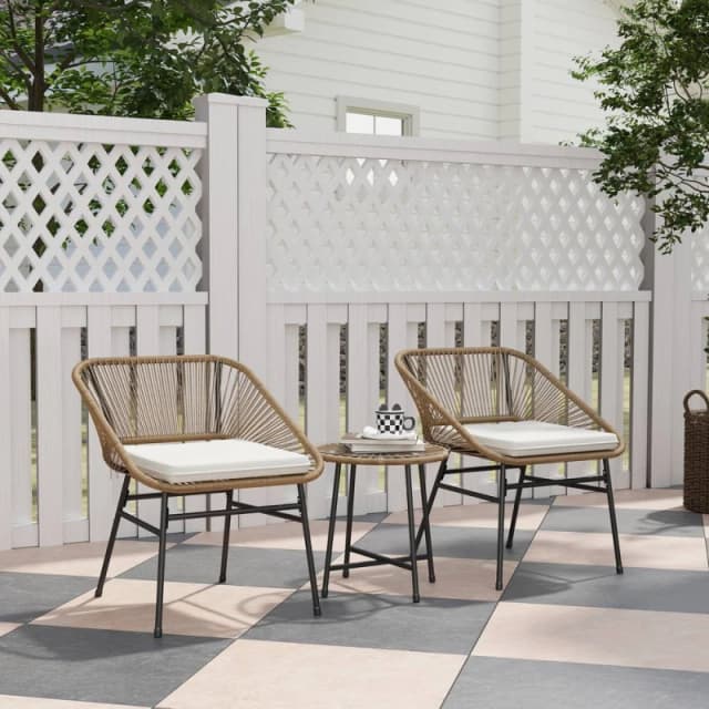 Outsunny Rattan Bistro Set, Small Balcony Furniture with Cushion, Light Grey Medium Beige
