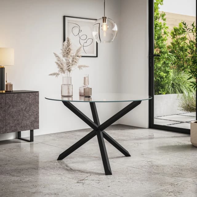 More4Homes Malvern Round Dining Table Clear Glass Table Top W Solid Black Oak Legs