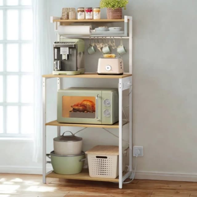 Pirlo Plush Industrial 4 Tier Smart Kitchen Bakers Rack With Power Outlets in Light Oak Light Oak Unisex