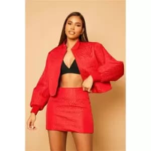 I Saw It First Red Collarless Oversized Quilted Bomber Jacket - Red